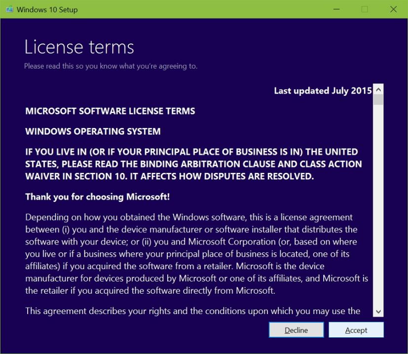 Accepter le contrat de licence Windows 10