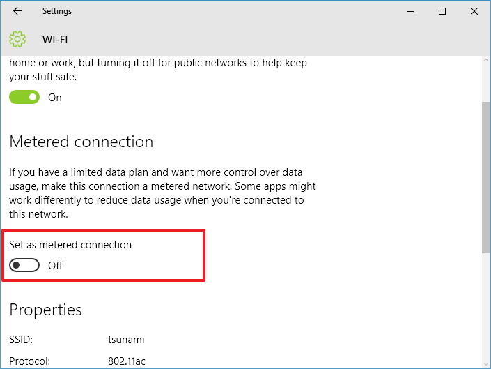 Définir comme option de connexion limitée sur Windows 10