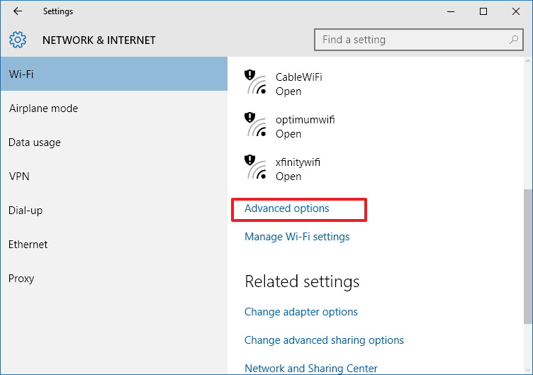 Options Wi-Fi avancées pour Windows 10