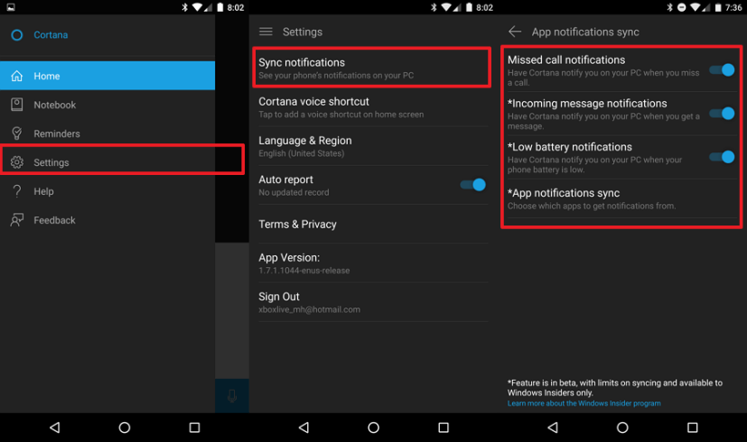 Options de notification de Cortana sur Android Sync