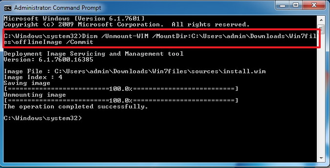 Commande d'image DISM démonter Windows 7