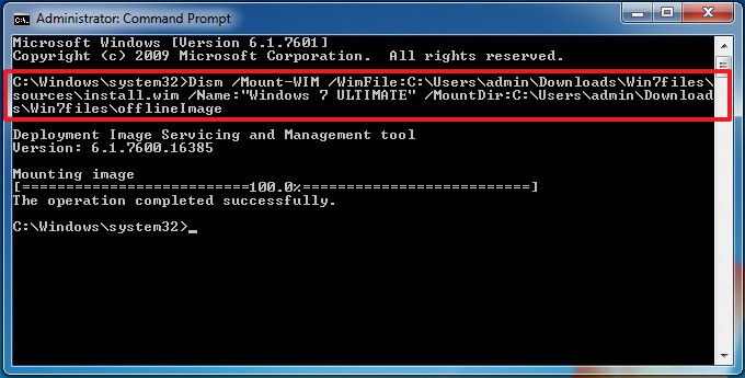 Commande d'image Windows 7 de montage DISM
