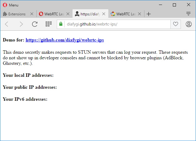 Informations d'adresse IP bloquées à l'aide de l'extension WebRTC Leak Prevent sur le navigateur Web Opera
