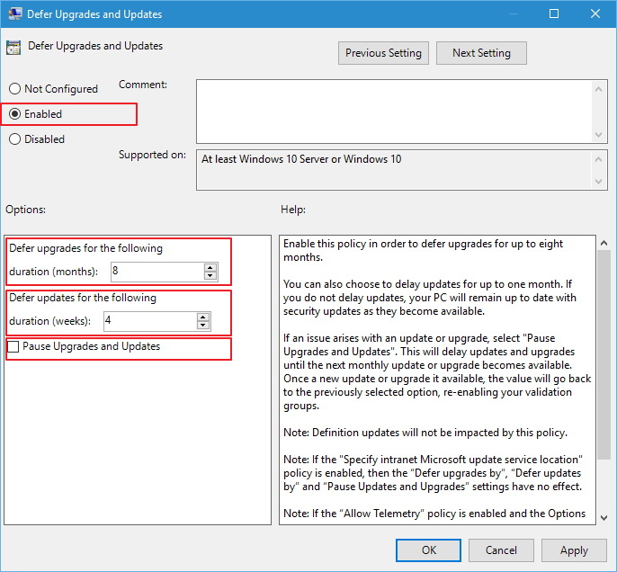 Différer les mises à niveau et les mises à jour de la stratégie de groupe dans Windows 10