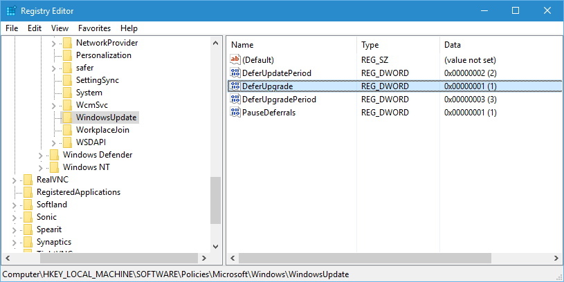 Regedit différer les mises à niveau et les mises à jour dans Windows 10