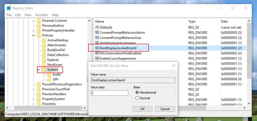 Option regedit DontDisplayLockedUserId