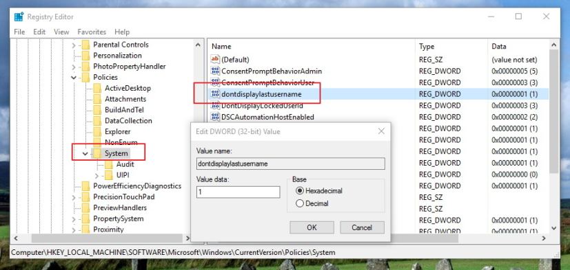 Ne pas afficher le dernier nom d'utilisateur, option Regedit