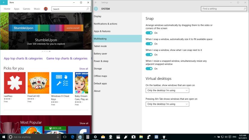 Redimensionnez automatiquement les deux fenêtres à l'aide des paramètres Snap dans Windows 10