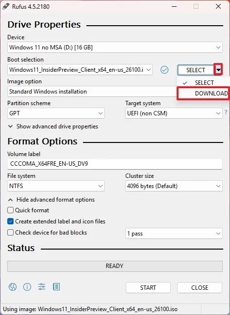 Option de téléchargement ISO de Rufus Windows 11