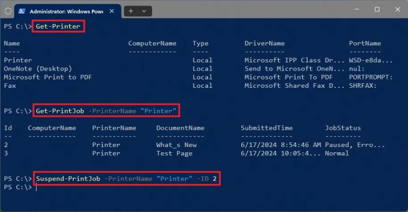 PowerShell met en pause le travail d'impression