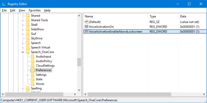 Cortana sur la clé de registre de l'écran de verrouillage VoiceActivationEnableAboveLockscreen