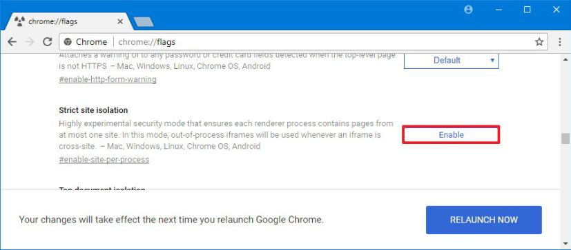 Option d'isolation stricte du site Flags de Chrome