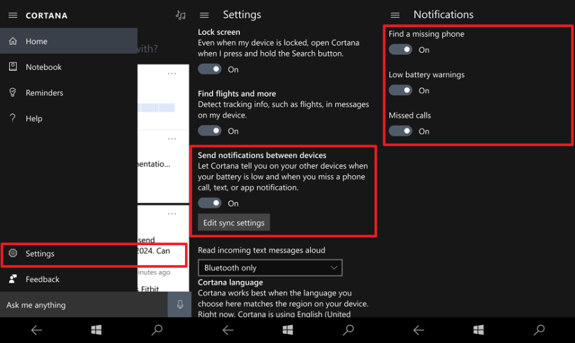 Option Envoyer des notifications entre appareils sur WIndows 10 Mobile