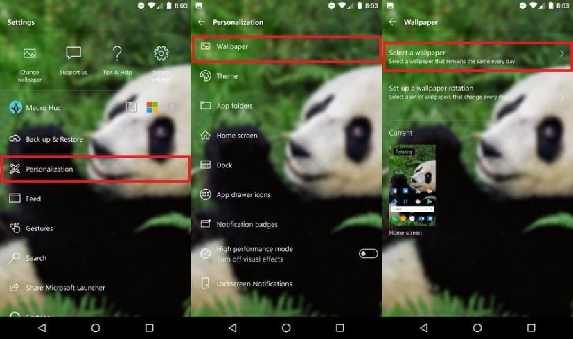 Microsoft Launcher sélectionne l'option de fond d'écran