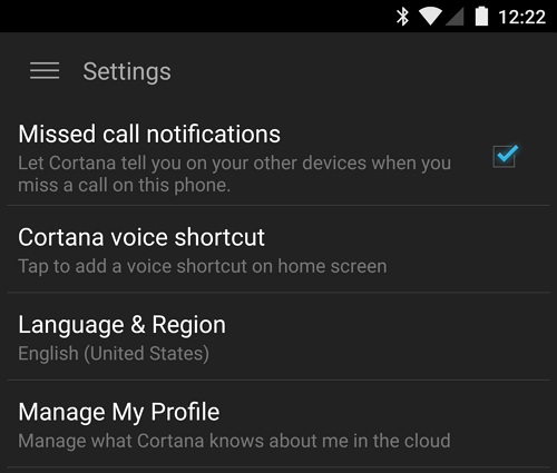 Paramètres Android des notifications d'appels manqués Cortana