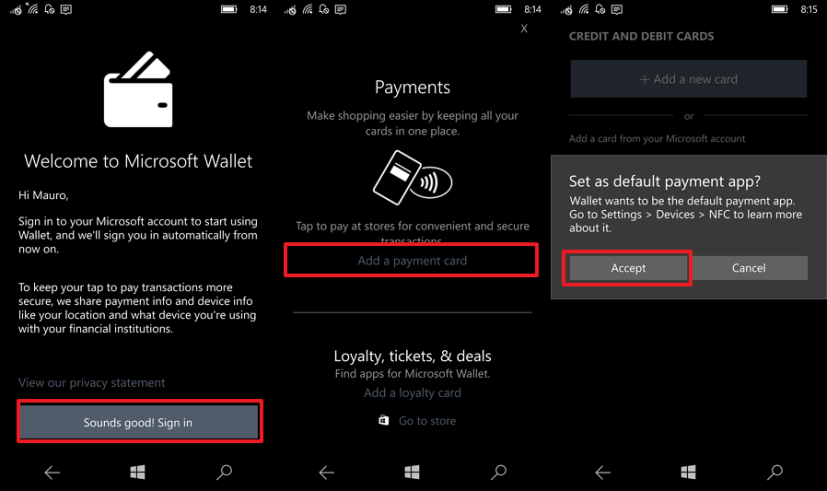 Microsoft Wallet appuyez pour payer les paiements NFC