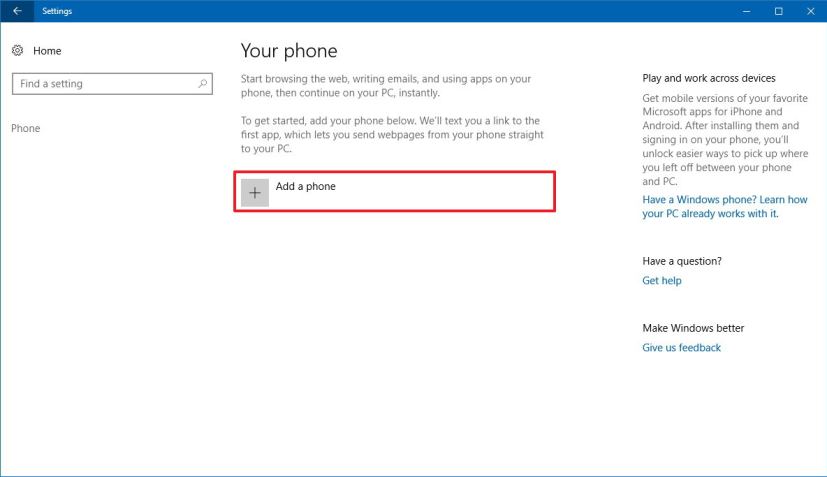 Paramètres du téléphone sous Windows 10