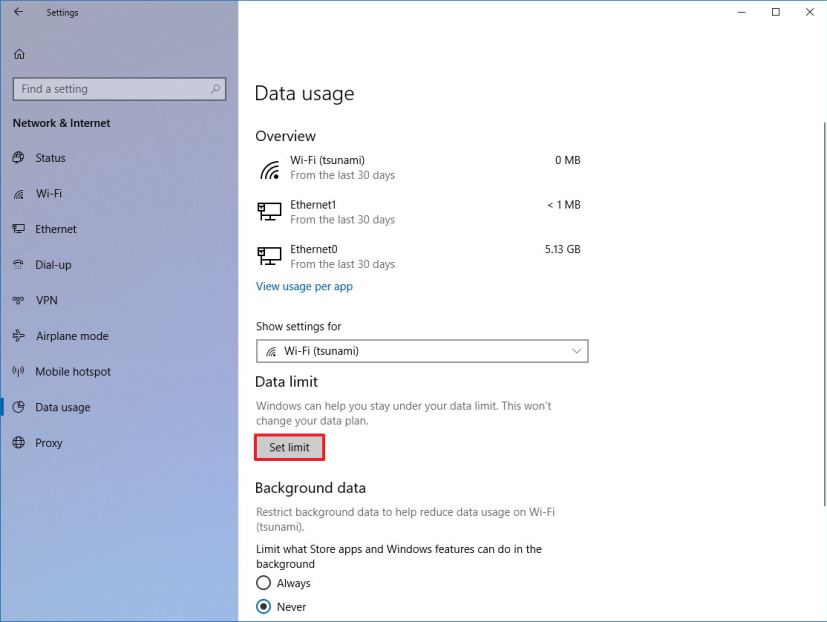 Paramètres d'utilisation des données sur Windows 10