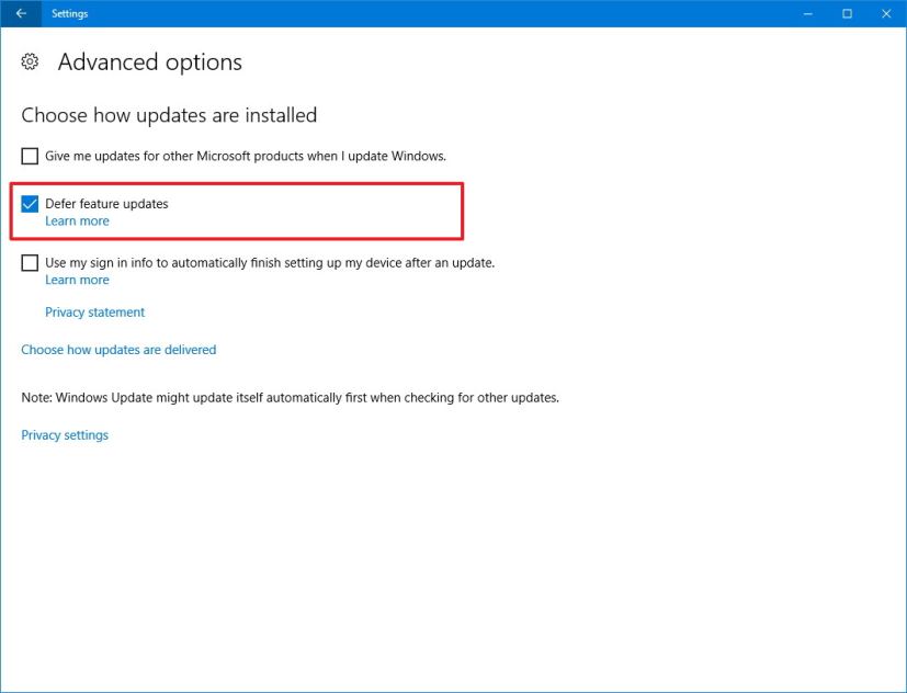 Windows Update, option Différer les mises à jour des fonctionnalités