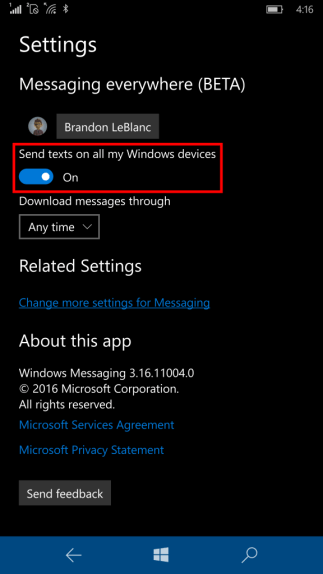 Paramètres de messagerie mobile Windows 10 partout