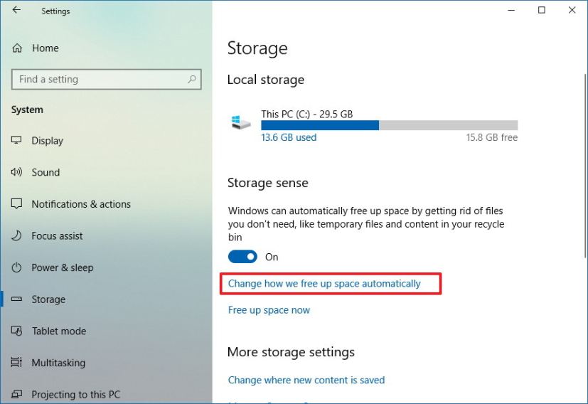 Paramètres de stockage sur Windows 10 version 1803