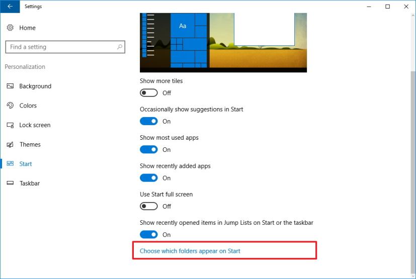 Paramètres du menu Démarrer de Windows 10