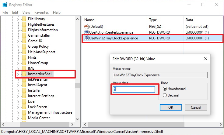 Clé de registre Classic Clock UseWin32TrayClockExperience dans Windows 10