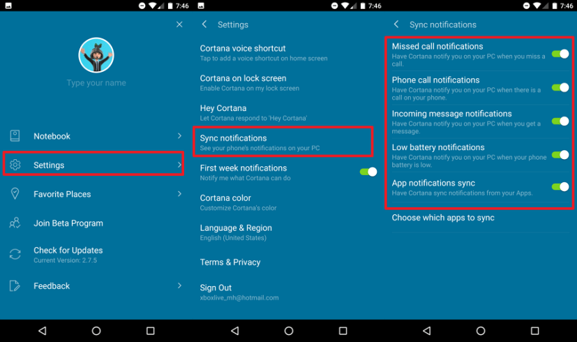 Paramètres de notifications de Cortana Sync sur Android