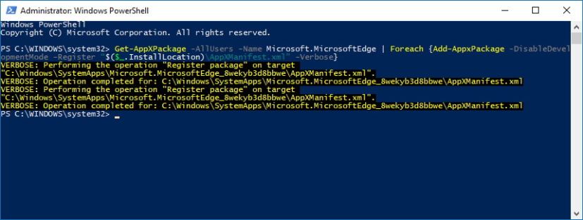 PowerShell réinstalle Microsoft Edge