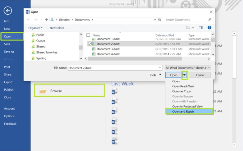 Option d'ouverture et de réparation sur Microsoft Office