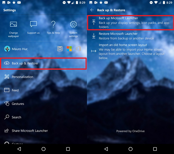 Paramètres de sauvegarde de Microsoft Launcher