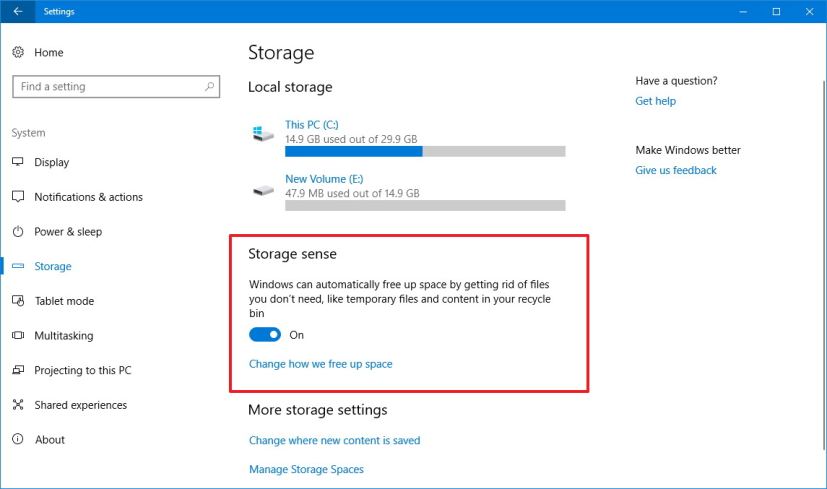 Paramètres de stockage de Windows 10