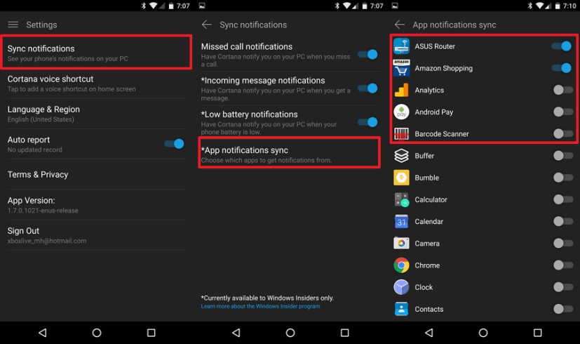 Activez des applications Android spécifiques pour synchroniser les notifications avec Windows 10 à l'aide de Cortana