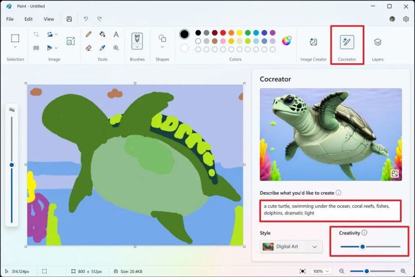 Fonctionnalité IA de Paint Cocreator