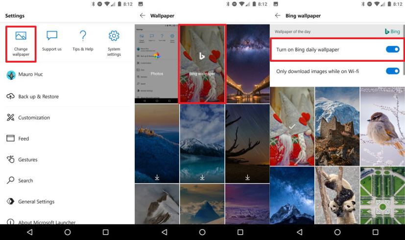 Paramètres des fonds d'écran Microsoft Launcher Bing