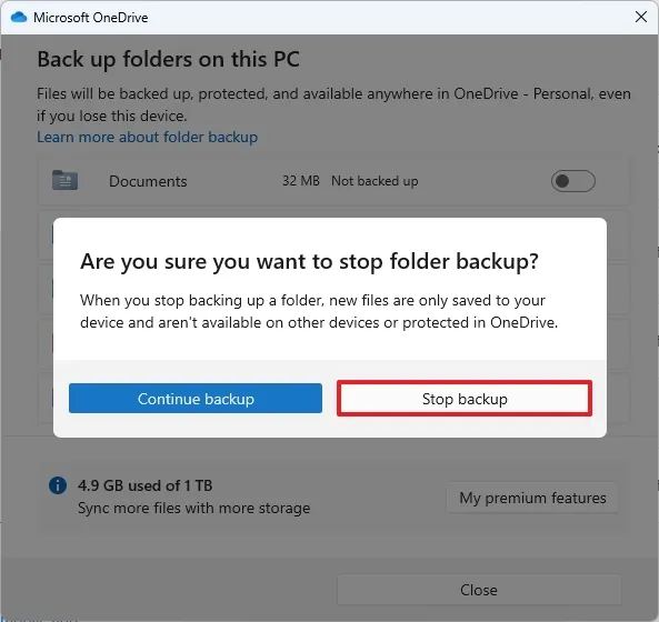 Arrêter la sauvegarde OneDrive