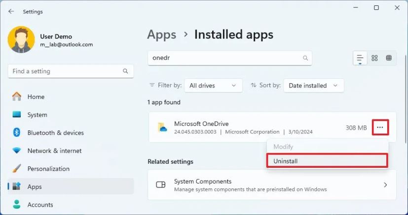 Désinstaller l'application Paramètres OneDrive