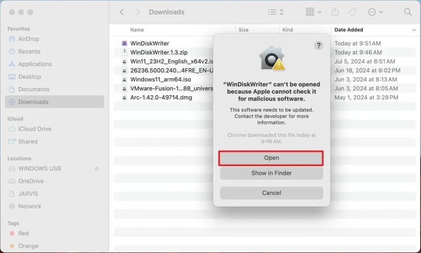 Exécutez l'application WinDiskWriter sur macOS