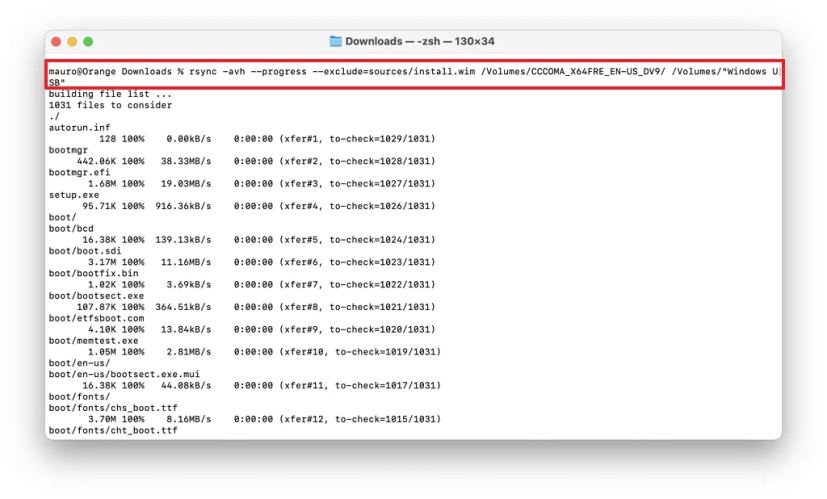 rsync fichiers ISO Windows 11 sur un support de démarrage USB