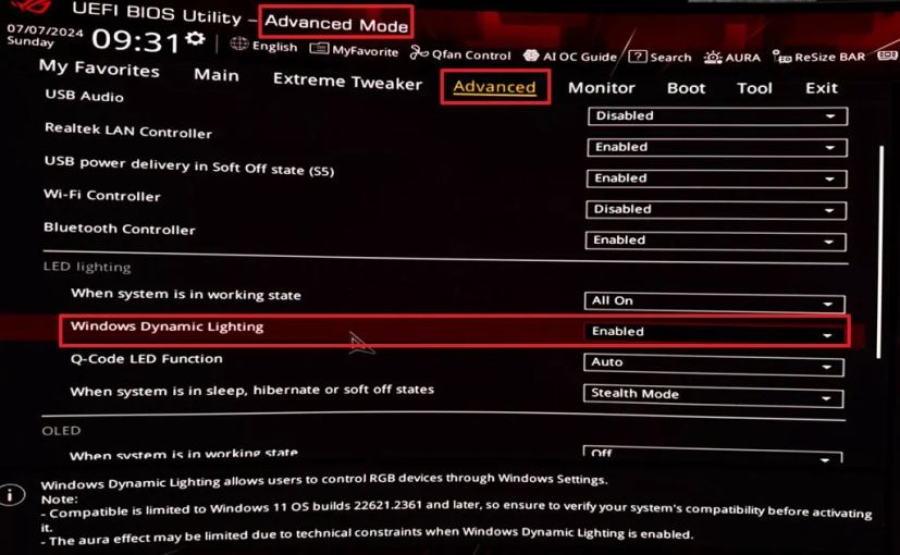 ASUS BIOS UEFI active l'éclairage dynamique