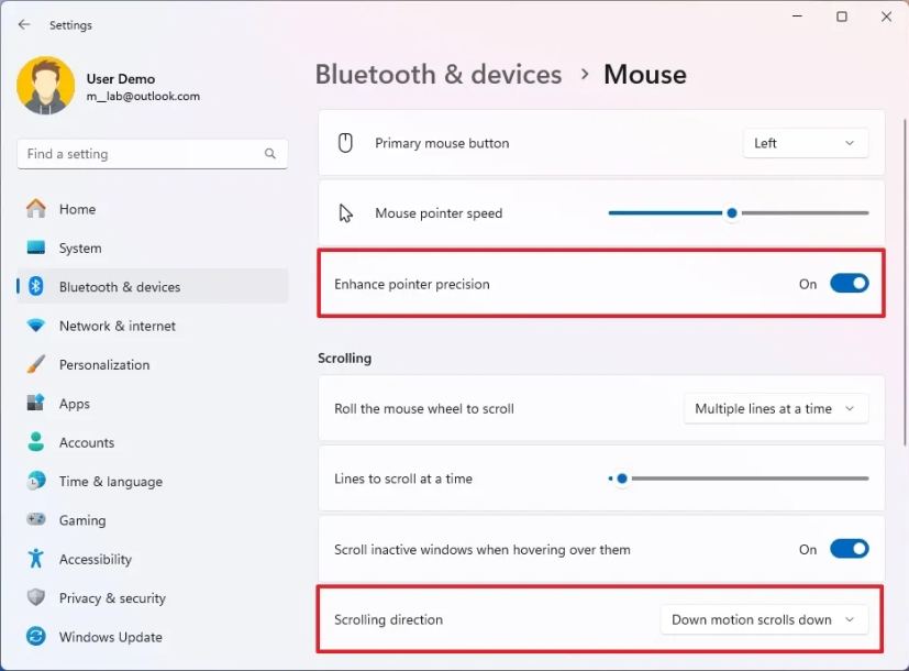 Nouveaux paramètres de souris de Windows 11 à partir du Panneau de configuration