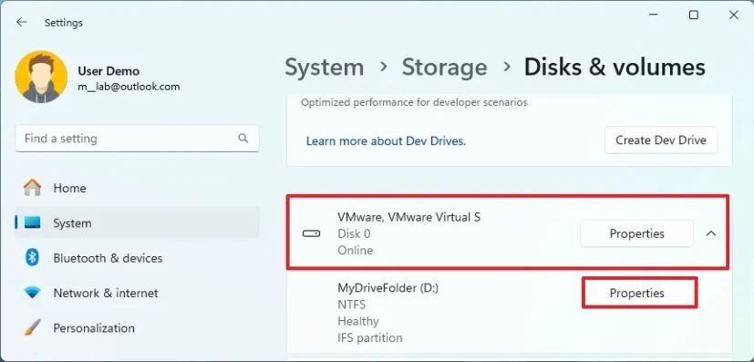 Disques et volumes Ouvrir les propriétés de la partition