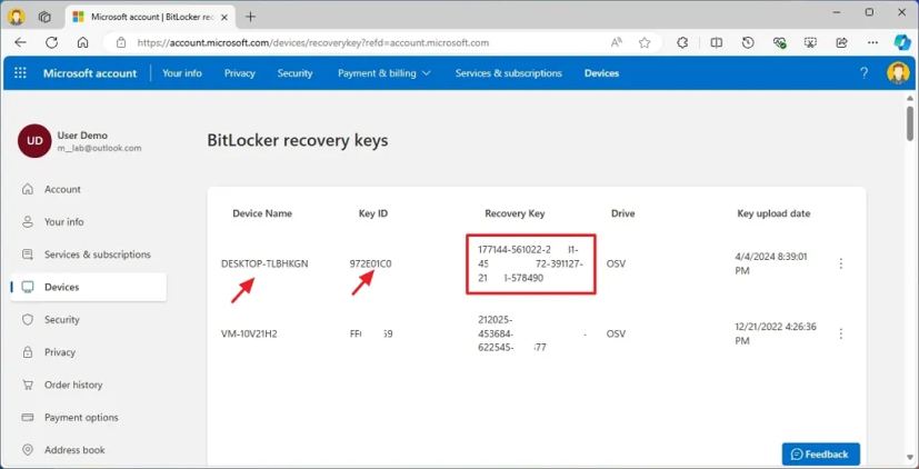 Clé de récupération BitLocker du compte Microsoft 