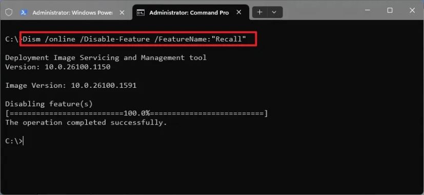 Désinstallation de Windows Recall à l'aide de l'invite de commande