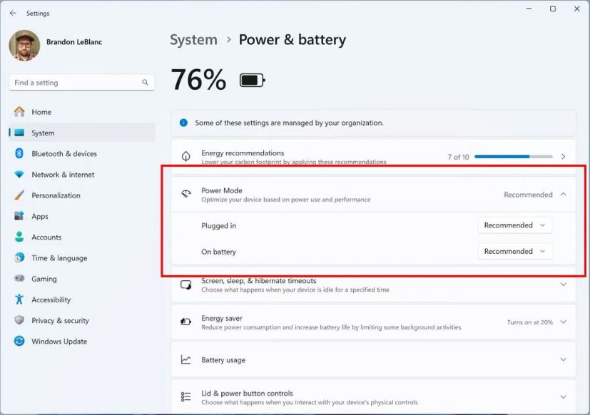 Options de mode d'alimentation branché et sur batterie