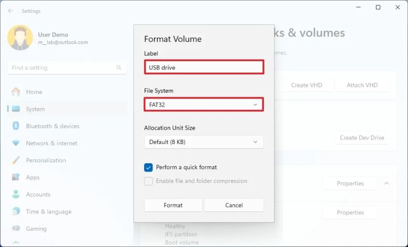 Format des paramètres de Windows 11 FAT32