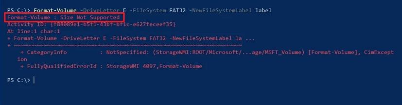 Erreur de taille du volume FAT32 du format PowerShell