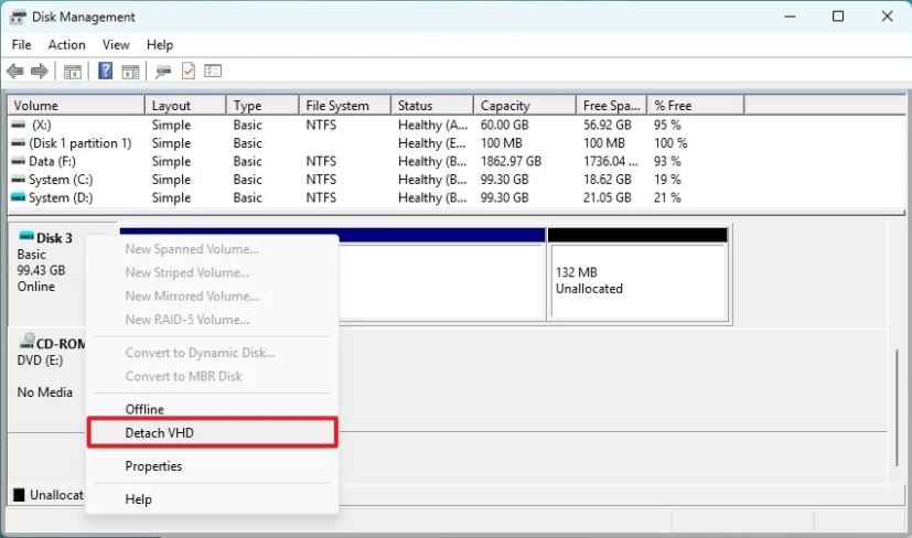 Gestion des disques Détacher le disque dur virtuel