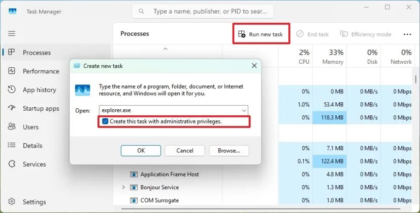 Gestionnaire des tâches de Windows 11 Exécuter une nouvelle tâche en tant qu'administrateur