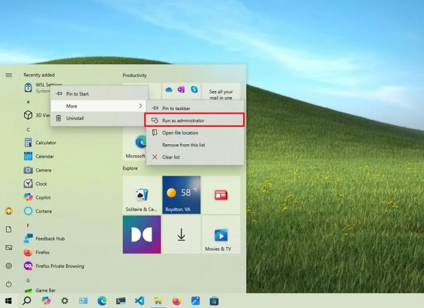 Menu Démarrer de Windows 10 Exécuter en tant qu'administrateur